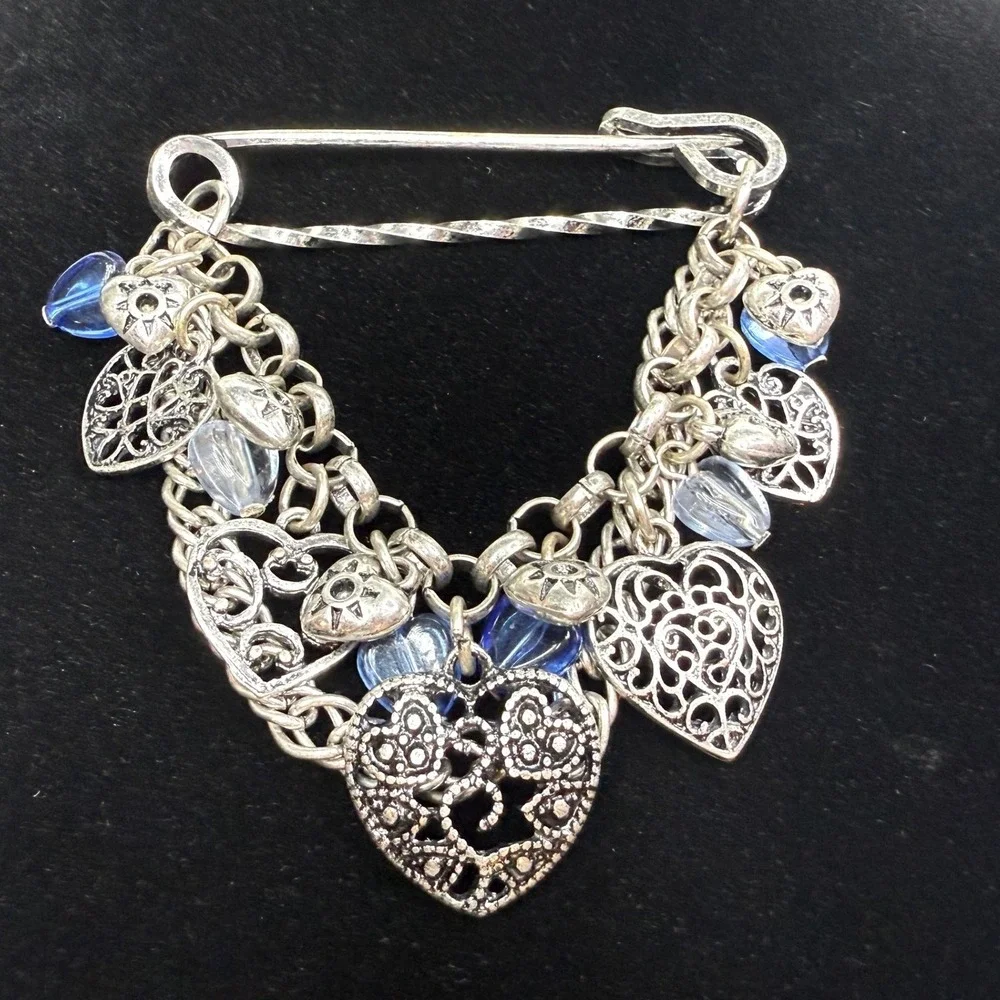 VTG Heart Charm Cluster Lapel Pin Brooch Silver and Blue Beads Statement Jewelry